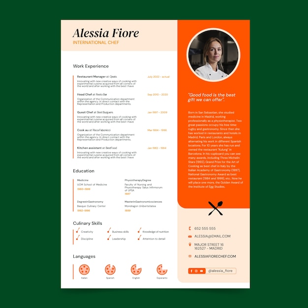 Vector curriculum vitae de chef de diseño plano