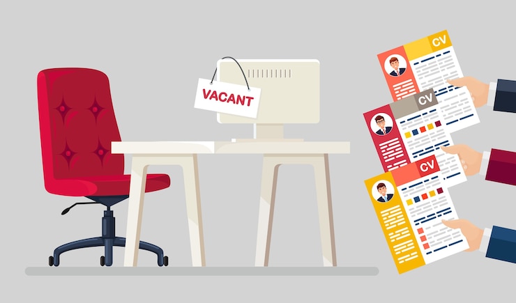 Vector currículum vitae de negocios en mano sobre silla de oficina. entrevista de trabajo, contratación, búsqueda de empleadores, contratación.