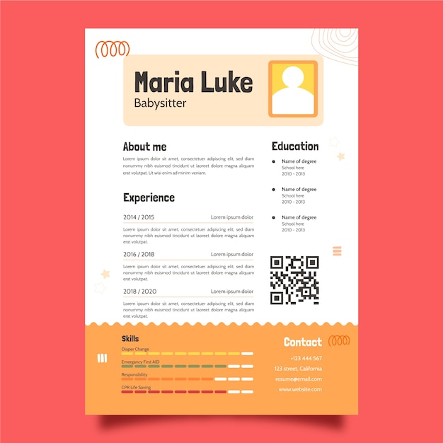 Vector curriculum vitae de niñera de diseño plano