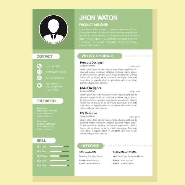 Curriculum vitae simple moderno o plantilla de curriculum vitae en vector con color verde y blanco