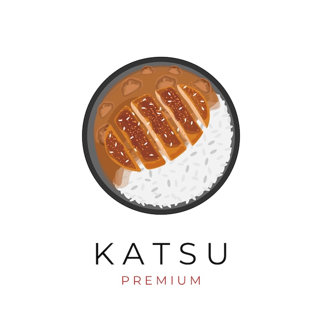 Curry katsu con arroz en un logotipo de ilustración vectorial de placa negra