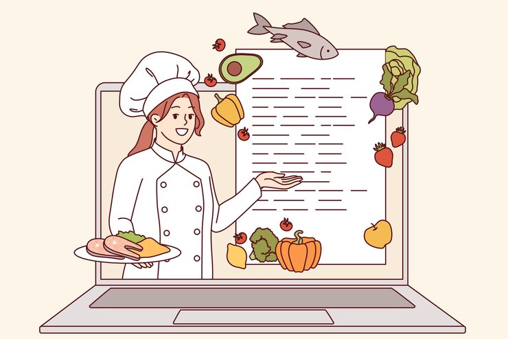 Vector curso de cocina en línea de una mujer chef mirando desde la pantalla de la computadora portátil y recomendando la receta