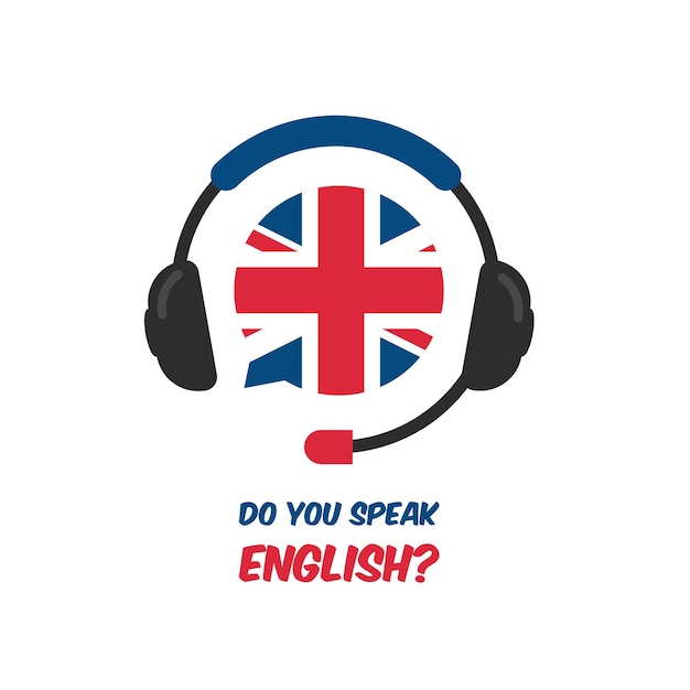 Curso de idioma ingles. aprendizaje en línea y educación a distancia. auriculares con burbuja de habla.