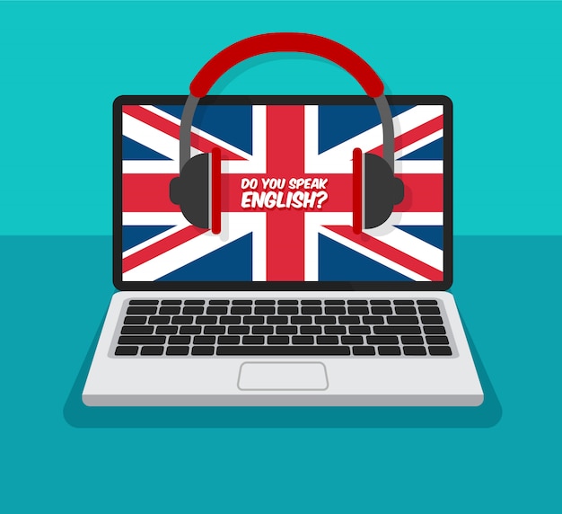 Curso de inglés. aprender en línea. portátil abierto con auriculares y bandera de gran bretaña en una pantalla.