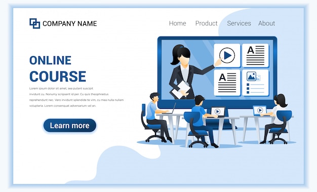 Curso en línea con personas sentadas en el escritorio y estudiando con la computadora portátil.