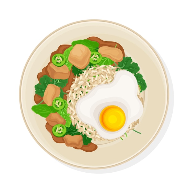 Curso principal tailandés con arroz y huevo revuelto Ilustración vectorial de vista superior