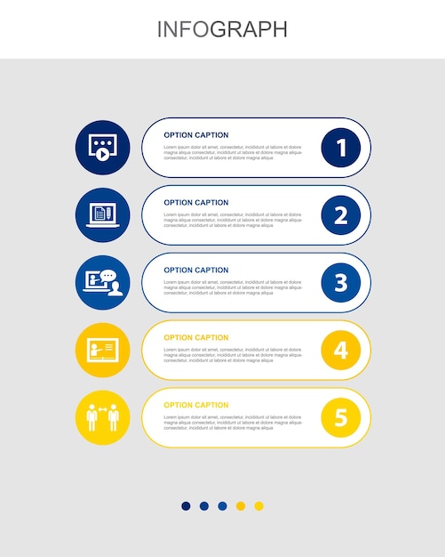 Curso de video Examen a distancia Entrenamiento en línea iconos de comunicación del maestro a distancia Plantilla de diseño infográfico Concepto creativo con 5 pasos