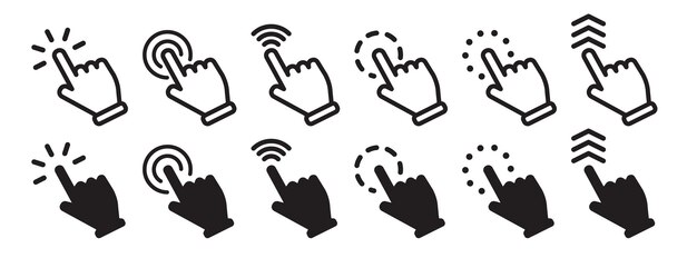 Cursor and click pointer icons set with hand gesture symbols for web interface on transparent backgr