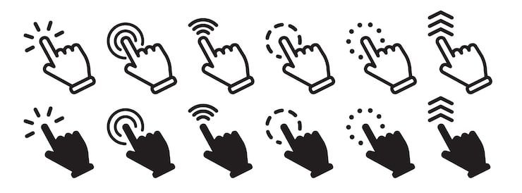 Cursor and click pointer icons set with hand gesture symbols for web interface on transparent backgr