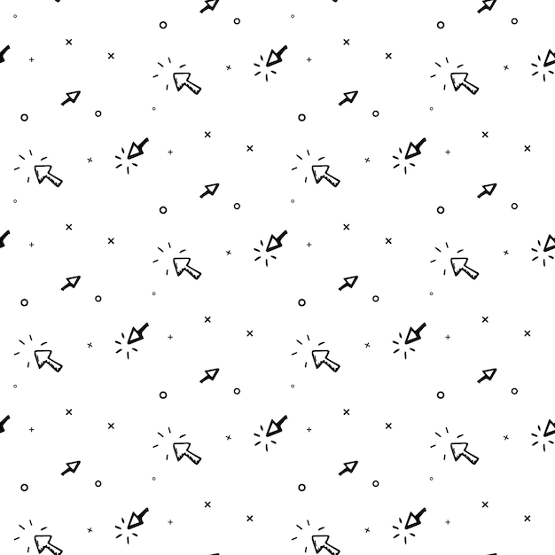Cursor de flecha dibujada a mano de patrones sin fisuras. Doodle dibujo negro. Símbolo de signo. Elemento de decoración. Aislado sobre fondo blanco. Diseño plano. Ilustración vectorial.