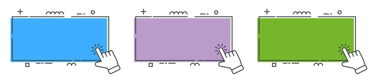 Vector cursor de mano con clic aquí conjunto de vectores de banner botón de acción con clic del mouse