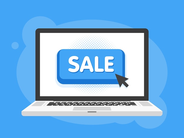 El cursor del mouse hace clic en el botón de venta. Pantalla de computadora portátil. Ilustración vectorial.