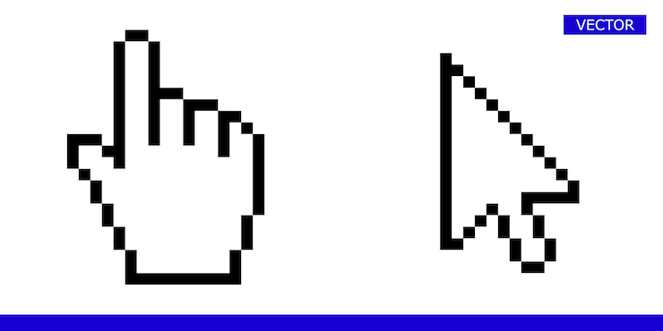 Vector el cursor de píxeles de flecha y el cursor de mano del ratón del píxelo son un conjunto de ilustraciones vectoriales del icono
