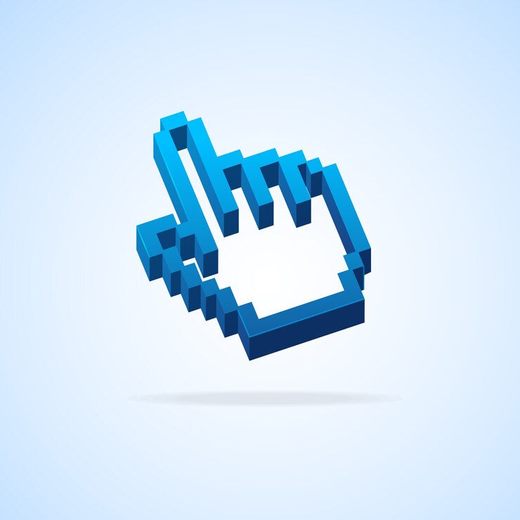 Vector cursor de píxeles de flecha de mano aislado en azul claro