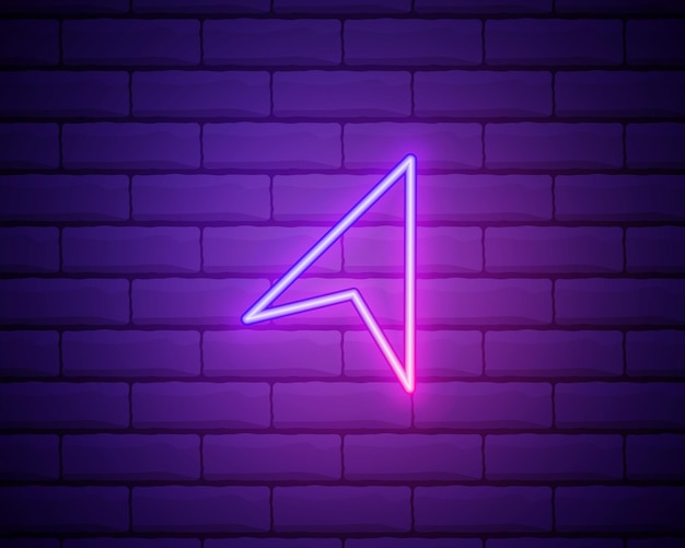 El cursor del puntero de la computadora o la flecha del mouse hacen clic en el estilo de neón Icono de decoración de luz Símbolo eléctrico brillante aislado en la pared de ladrillo