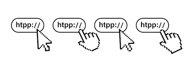 Cursor del ratón al hacer clic en el enlace del sitio web Conjunto de iconos del cursor Hacer clic en el icono del dedo Gráfico vectorial EPS 10