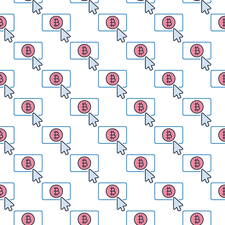 Vector cursor del ratón en el botón de bitcoin vector de moneda criptográfica de color patrón sin costuras