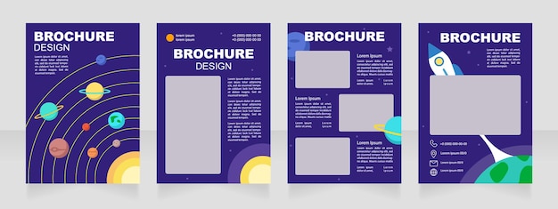 Cursos de astronomía para principiantes diseño de folletos en blanco. Conjunto de plantillas con espacio de copia para texto. Colección de informes corporativos prefabricados. 4 páginas de papel editables. Arial Black, fuentes regulares utilizadas