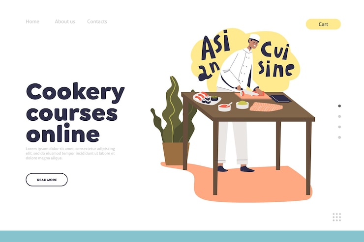 Vector cursos de cocina en línea concepto de página de destino con cocinero cocinero masculino haciendo sushi, comida asiática tradicional. preparación de la cocina japonesa. ilustración de vector plano de dibujos animados