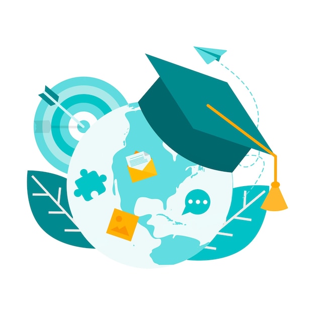 Cursos de educación de formación en línea tutoría Globo y sombrero de profesor en la ilustración de vector superior