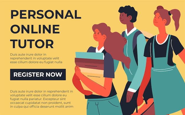 Cursos para estudiantes y adultos tutor personal Regístrese o inscríbase a través de la página web Obtención de conocimientos y nuevas habilidades desde el hogar Banner del sitio web o página en línea en Internet Vector en estilo plano