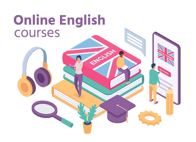 Cursos de inglés isométrico. escuela de idiomas extranjeros en línea con estudiantes que aprenden vocabulario y libros de lectura. concepto de vector de educación a distancia. educación de ilustración online, curso de inglés