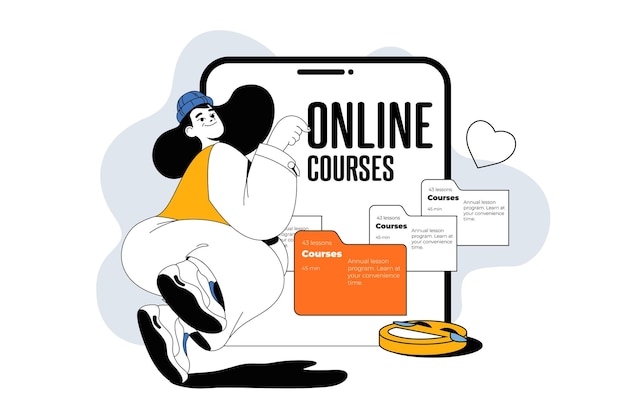 Cursos en línea describen el concepto moderno de la web en diseño de línea plana Mujer estudiando en una plataforma educativa virtual con lecciones de video Ilustración vectorial para medios sociales Material de marketing de banner