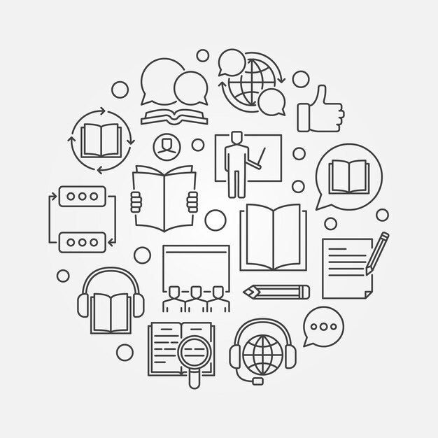 Cursos en línea vector ilustración de concepto redondo o banner en estilo de línea fina