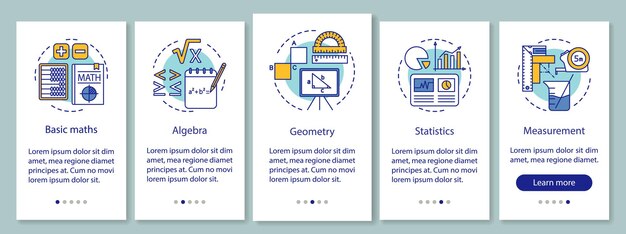 Cursos de matemáticas que incorporan la pantalla de la página de la aplicación móvil con conceptos lineales. Lecciones de matemáticas paso a paso instrucciones gráficas de cinco pasos. UX, UI, plantilla de vector de GUI con ilustraciones