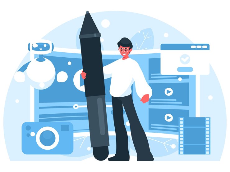 Vector cursos de video en línea maestro de pie y sostiene un enorme lápiz gráfico hacer video blog