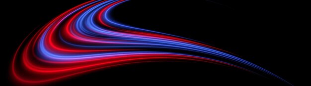 Curva de corriente brillante Flujo de arcos rojos y azules con profundidad en capas en negro Movimiento barrido transición vibrante pulso abstracto