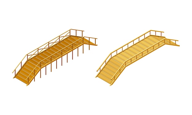 Curved wooden bridge with balustrade railing vector set