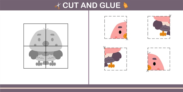 Cut and glue of cute buitre, juego educativo para niños de 5 y 10 años