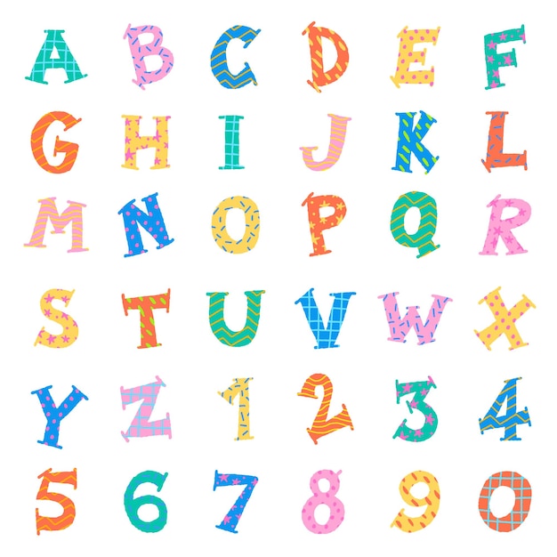 Cute Abstract Kids Font Alfabeto Letra numérica Dibujos animados Dibujo a mano Colorido Todo Cap Doodle