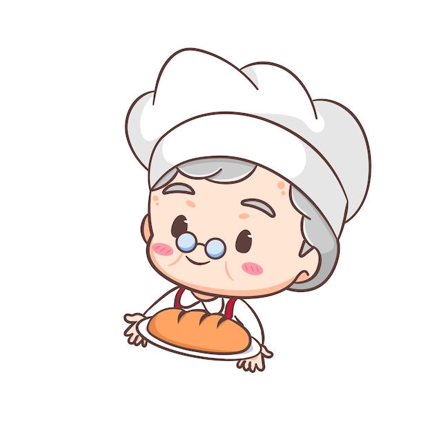 Cute abuela o abuela chef personaje de dibujos animados profesión concepto diseño vector ilustración