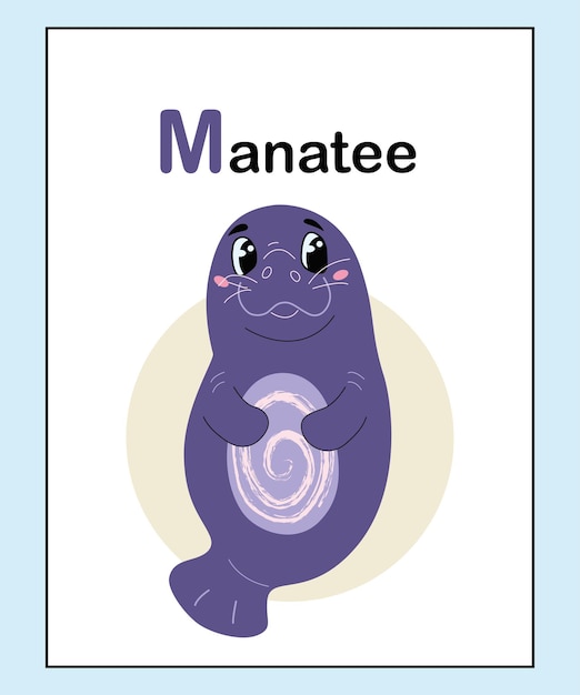 Cute adorables animales alfabeto letra m para la educación de los niños de la a a la z manatí. tarjeta de aprendizaje divertido