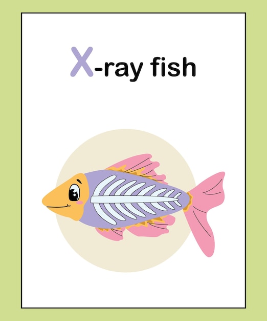 Cute adorables animales alfabeto letra x para niños educación a a z x-ray fish tarjeta de aprendizaje divertida