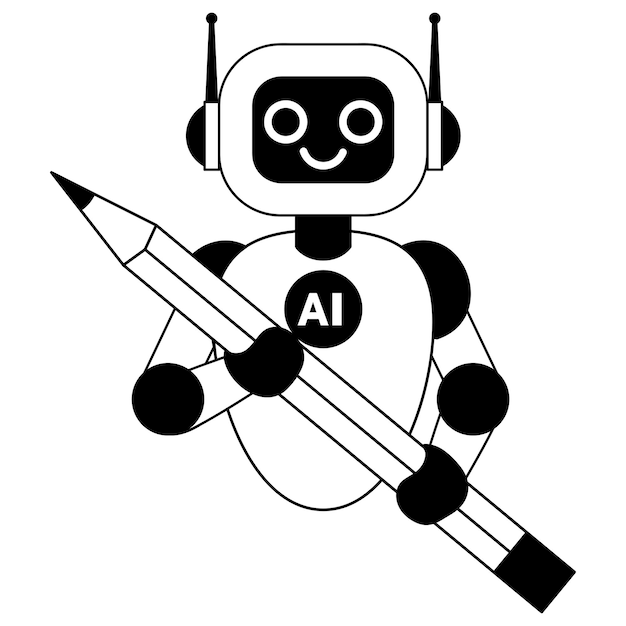 Cute ai robot con lápiz inteligencia artificial generación de imágenes ilustración vectorial de línea