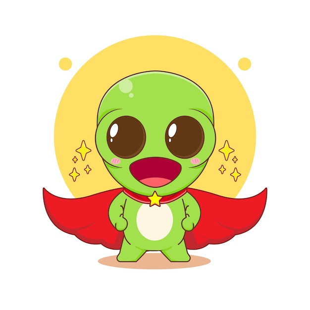 Cute Alien con capa roja como superhéroe