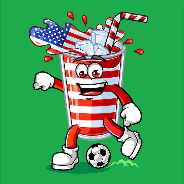 Cute américa bebida bandera jugando fútbol vector mascota ilustración