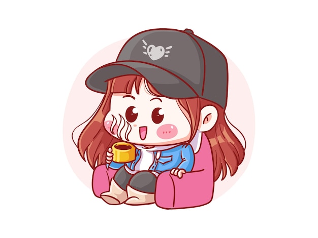 Cute and kawaii Elegant Girl Chill and Drink Coffee manga chibi Illustration