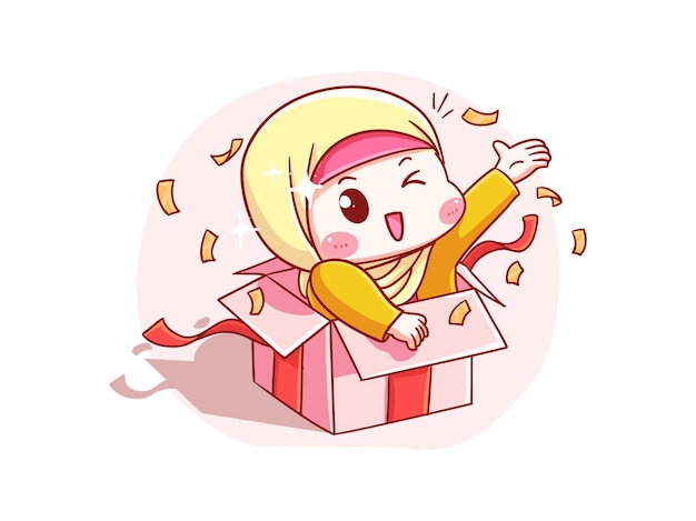 Cute and kawaii hijab girl give surprise from present box ilustración de chibi