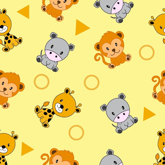 Cute Animal Monkey Giraffe and Hippo Seamless Pattern doodle para niños y bebés