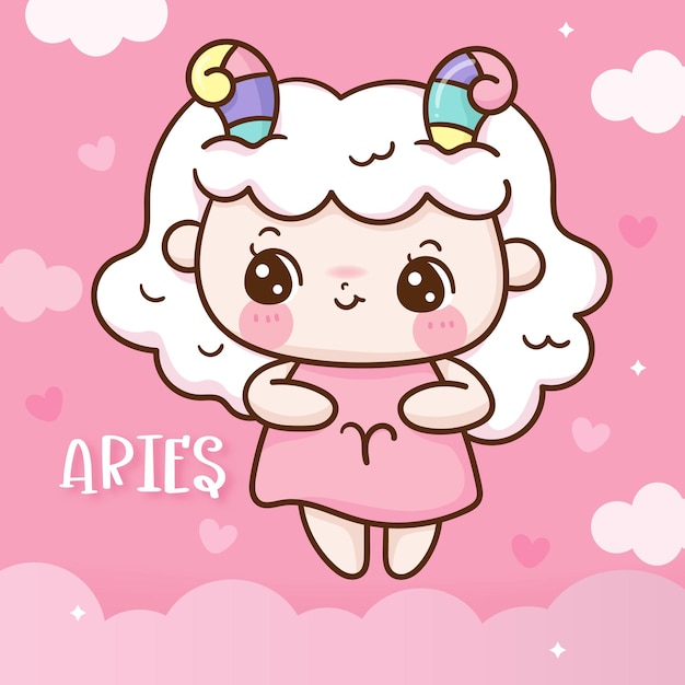 Cute Aries Zodiac Horóscopo doodle estilo kawaii cartoon