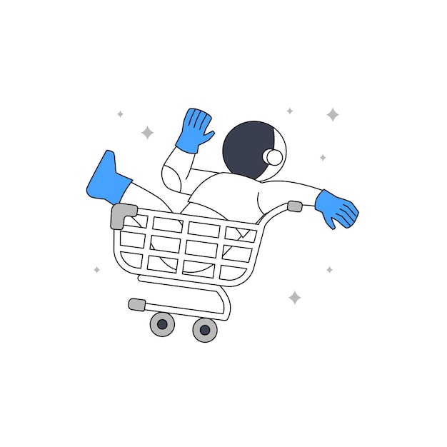 Cute astronaut cosmonaut driving empty cart trolley para ilustración de elemento de página de error web de estado vacío ui