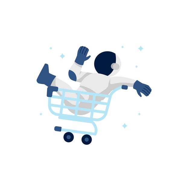 Cute astronaut cosmonaut driving empty cart trolley para ilustración de elemento de página de error web de estado vacío ui