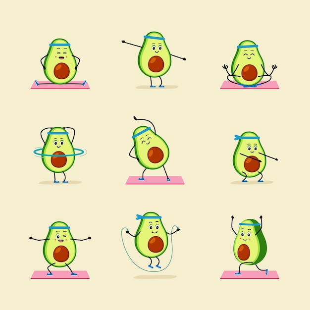 Cute Avocado hace ejercicio concepto de un estilo de vida saludable y entrenamiento de yoga fitness