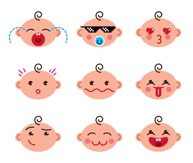 Cute baby cartoon vector flat icons set of emoji smiley collection, adorable, feliz, sonriente, riendo, mostrando la lengua, gafas de píxeles geniales, mostrando la lengua, llorando, triste y enojado.