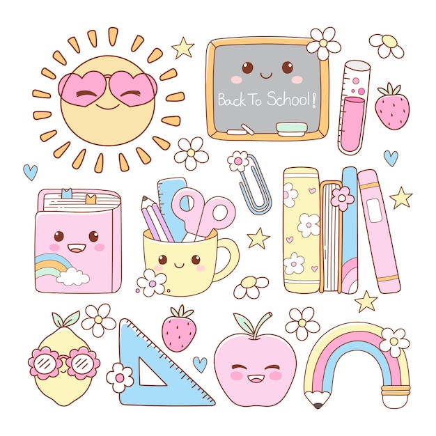 Cute Back to School Teacher Elements Doodle Cartoon Style Hand Drawn Vector