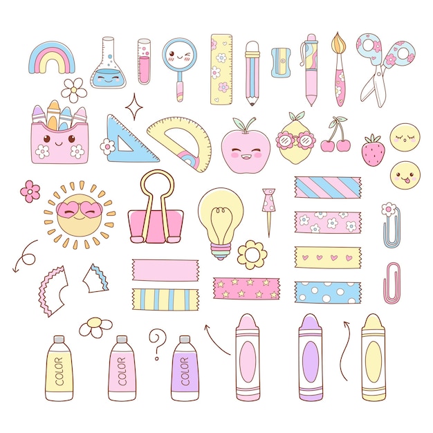 Cute Back to School Teacher Elements Doodle Cartoon Style Hand Drawn Vector